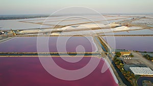 Aerial view of the Aigues-Mortes salt marsh Salin dâ€™Aigues-Mortes at sunset