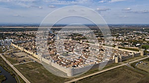 Aerial view of Aigues-Mortes walled city in France