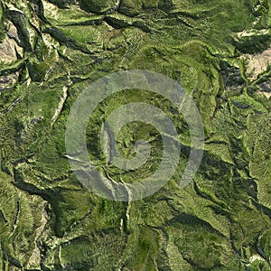 Aerial view from air plane of green nature mountains seamless texture background. 3d illustration