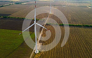 Aerial view of the air turbine in a stopped position, in the middle of the field