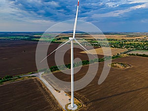 Aerial view of air turbines in a cultivated wheat field in a stopped position