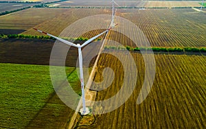 Aerial view of air turbines in a cultivated wheat field in a stopped position