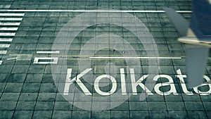 Aerial view of an airplane arriving to Kolkata airport. Travel to India 3D rendering photo