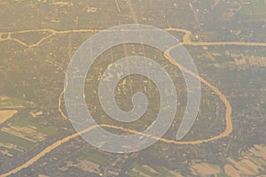 Aerial view from the airplane of Ayutthaya city. Ayutthaya is a city in Thailand, about 80 kilometers north of Bangkok. It was