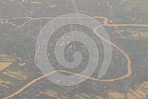 Aerial view from the airplane of Ayutthaya city. Ayutthaya is a city in Thailand, about 80 kilometers north of Bangkok. It was