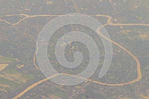 Aerial view from the airplane of Ayutthaya city. Ayutthaya is a city in Thailand, about 80 kilometers north of Bangkok. It was