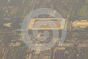 Aerial view from the airplane of Wat Phra Dhammakaya, a Buddhist temple (wat) in Khlong Luang District, in the Pathum Thani