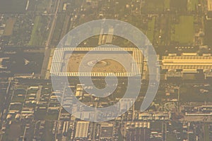 Aerial view from the airplane of Wat Phra Dhammakaya, a Buddhist temple (wat) in Khlong Luang District, in the Pathum Thani