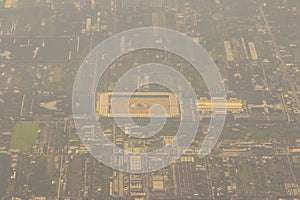 Aerial view from the airplane of Wat Phra Dhammakaya, a Buddhist temple (wat) in Khlong Luang District, in the Pathum Thani