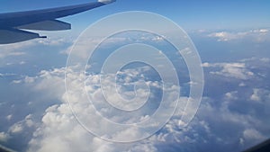 Aerial view from airplane window of beautiful clouds and blue sky