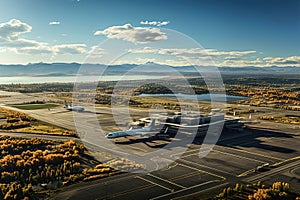 An aerial view of an airport with planes parked on the airport tarmac.