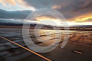 an aerial view of an airport runway at sunset