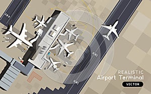 Aerial View - Airport Terminal with Runway and Airplanes