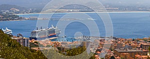 Aerial view of Ajaccio with cruise ship in the background, Corsica, France