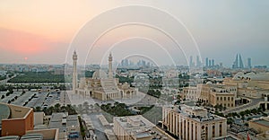 Aerial View of the Al Fateh Grand Mosque in Manama of Bahrain During Sunset