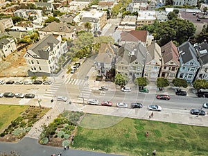 Aerial view Alamo Square with typical San Francisco Victorian ho