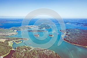 Aerial view of Aland Islands at summer time. Finland. The Archipelago. Photo made by drone from above. Nordic Natural Landscape
