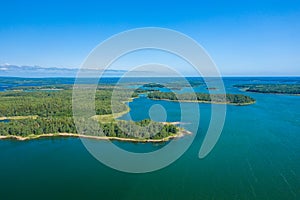 Aerial view of Aland Islands at summer time. Finland. The Archipelago. Photo made by drone from above. Nordic Natural Landscape