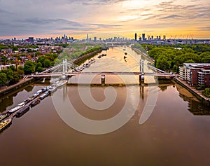 Aerial view of Albert bridge and central London, UK
