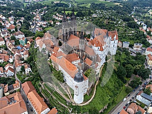 Aerial view of the Albrechtsburg with cathedral in the city of Meissen