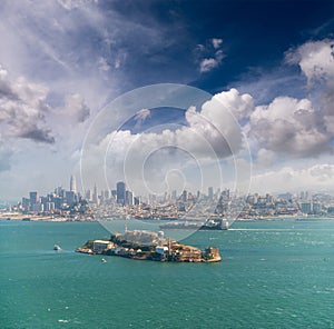 Aerial view of Alcatraz Island from helicopter, San Francisco