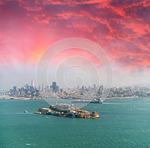 Aerial view of Alcatraz Island from helicopter, San Francisco