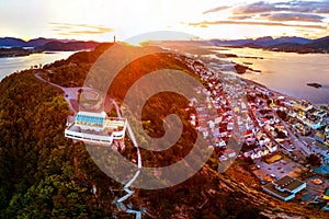 Aerial view of Alesund, Norway at sunset. Colorful sky over famous touristic destination