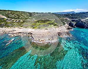 Aerial view of Alghero rocky shore in springtime