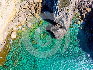 Aerial view of Alghero rocky shore with turquoise sea