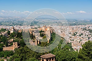 Aerial view of Alhambra with Alcazaba Towers - Granada, Andalusia, Spain
