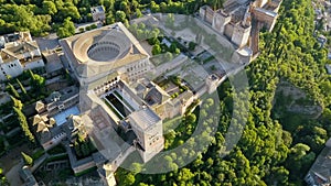 Aerial view. Alhambra Palace in Granada, Spain. Flyover on a beautiful summer day.