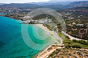 Aerial view of Almyros beach near the town of Agios Nikolaos in Crete, Greece