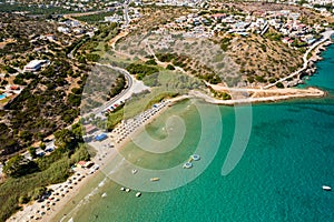 Aerial view of Almyros beach near the town of Agios Nikolaos in Crete, Greece