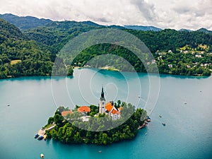 Aerial View of Alpine Lake Bled, Blejsko Jezero with the Church of the Assumption of Maria on an Island, Slovenia