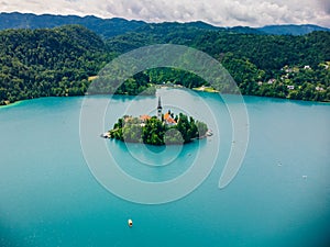 Aerial View of Alpine Lake Bled, Blejsko Jezero with the Church of the Assumption of Maria on an Island, Slovenia