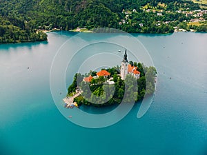 Aerial View of Alpine Lake Bled, Blejsko Jezero with the Church of the Assumption of Maria on an Island, Slovenia