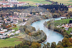 Aerial view of the alpine town of Spittal an der Drau, Austria