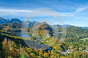 aerial view of Alpsee with Hohenschwangau castle, Bavaria