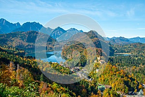 aerial view of Alpsee with Hohenschwangau castle, Bavaria