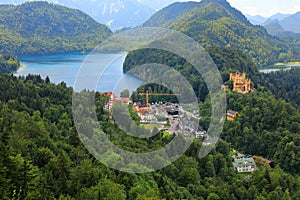 Aerial view of Alpsee Lake, Hohenschwangau Village and Hohenschwangau Castle Schloss Hohenschwangau, OstallgÃ¤u, Swabia Schwaben