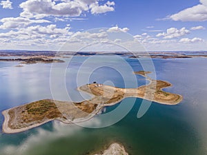 Aerial view of Alqueva Dam artificial Lake, near aldeia da luz, Alentejo tourist destination region, Portugal