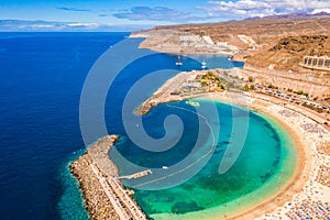 Aerial view of the Amadores beach on the Gran Canaria island in Spain.