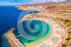 Aerial view of the Amadores beach on the Gran Canaria island in Spain.