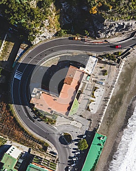 Aerial view of the Amalfi drive road along the Amalfi coast, Salerno, Italy