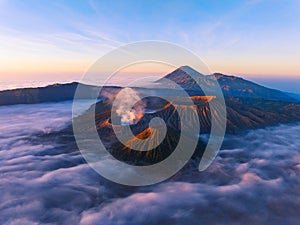 Aerial view of Amazing Mount Bromo volcano during sunrise from king kong viewpoint on Mountain Penanjakan in Bromo Tengger Semeru
