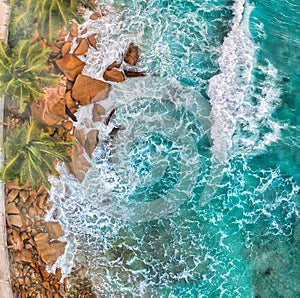 Aerial view of amazing Seychelles Beach. Downward drone viewpoint