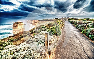 Aerial view of amazing Twelve Apostles during a stormy sunset, P