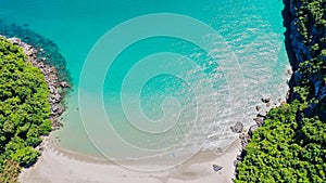 Aerial view amazing white sandy beach with turquoise water in tr