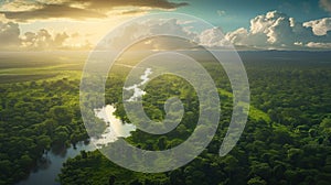 Aerial view of Amazon rainforest in Brazil, South America. Green forest. Bird's-eye view