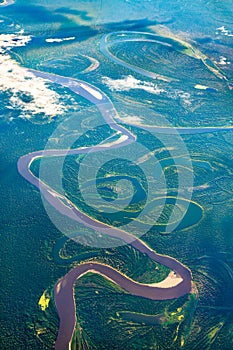 Aerial view of the Amazon river in Peru